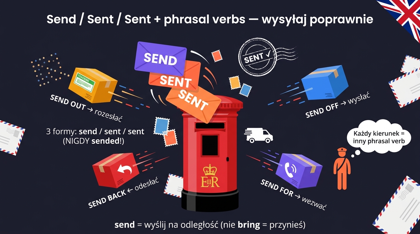 Send, sent, sent + phrasal verbs — skrzynka pocztowa z 3 formami send/sent/sent jako koperty + paczki phrasal verbs (send out, send off, send back) wylatujące w różnych kierunkach