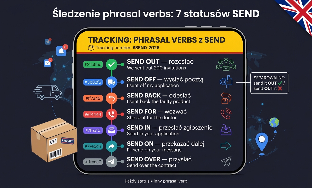 Tablica śledzenia phrasal verbs z SEND — siedem statusów na ekranie telefonu (send out, send off, send back, send for, send in, send on, send over) z polskimi tłumaczeniami i przykładami