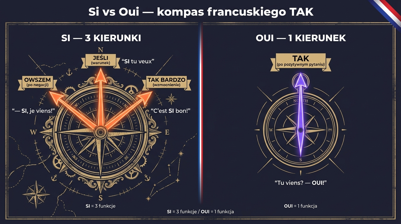 Si vs Oui po francusku — kompas / róża wiatrów: SI z 3 strzałkami (owszem po negacji / jeśli / tak bardzo) vs OUI z 1 strzałką (tak po pozytywnym pytaniu)