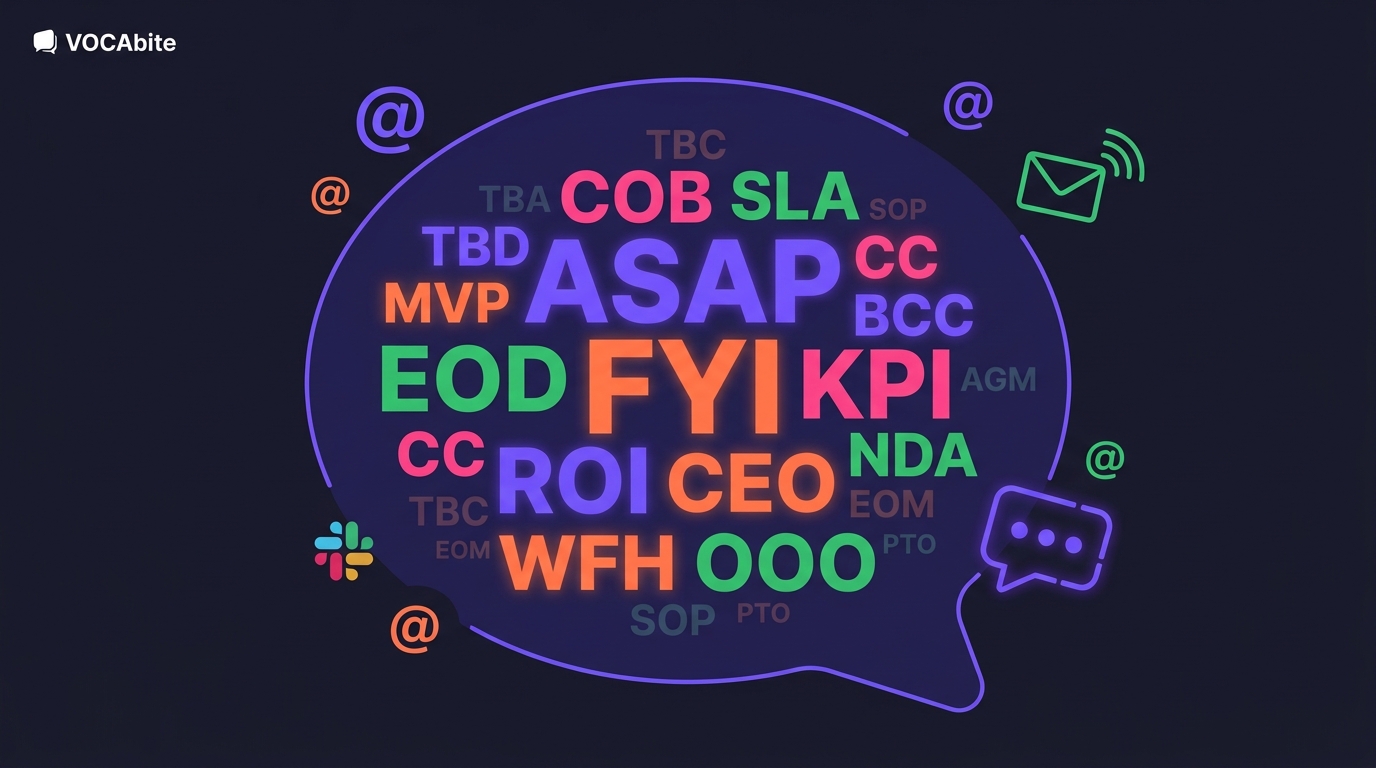 Skróty biznesowe po angielsku — chmura tagów ASAP, FYI, EOD, COB, KPI, ROI, OOO, WFH, CEO