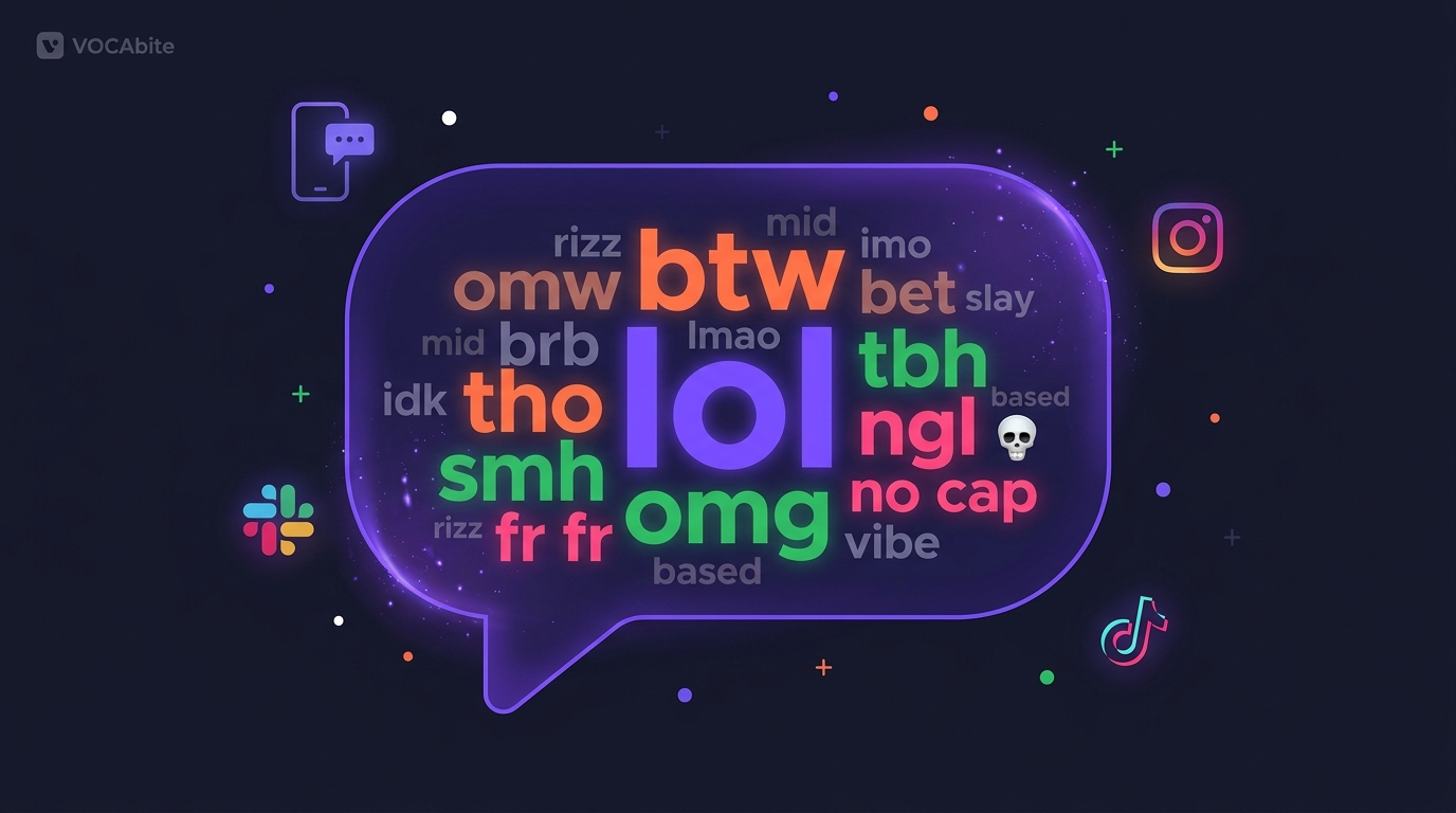 Slang angielski w SMS — chmura tagów ze skrótami: tho, btw, lol, omw, smh, tbh, idk, ngl, fr fr, lmao, brb
