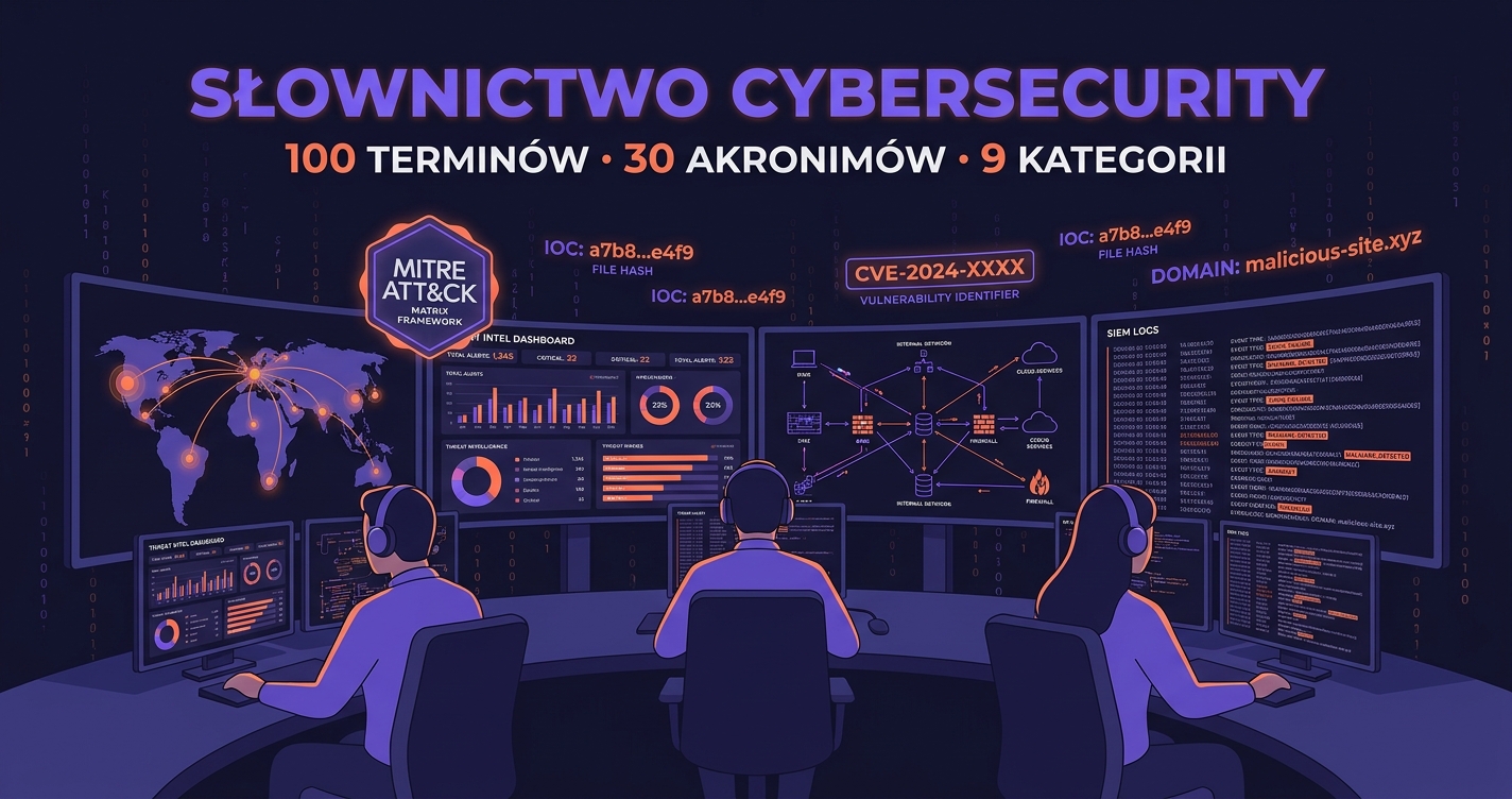 Słownictwo cybersecurity — centrum operacji bezpieczeństwa SOC z trzema analitykami przy monitorach, threat dashboards, MITRE ATT&CK framework, mapa świata z atakami, SIEM logs, IOC hashes