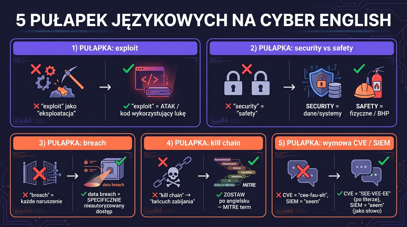 5 pułapek językowych w angielskim cyber — plakat: exploit ≠ eksploatacja, security vs safety, breach vs naruszenie, kill chain (zostaw po angielsku — MITRE term), wymowa CVE / SIEM