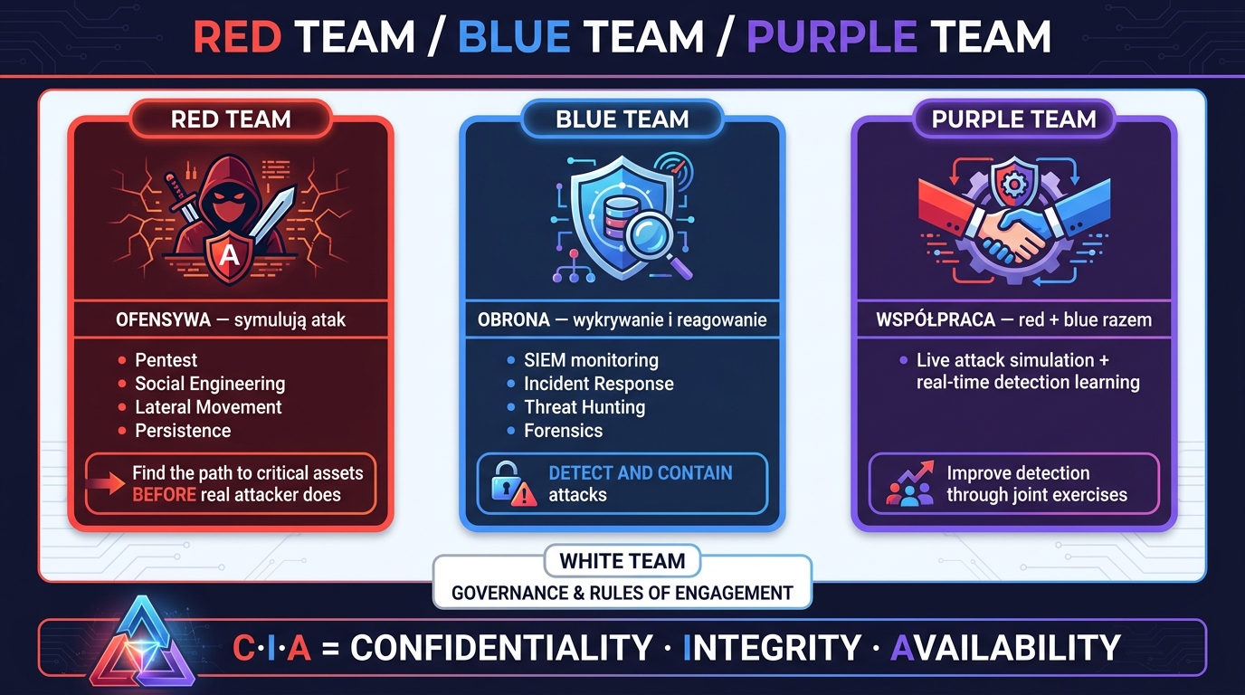 Red Team / Blue Team / Purple Team — diagram: ofensywa (pentest, social engineering, lateral movement), obrona (SIEM monitoring, incident response, threat hunting), współpraca (live attack simulation + real-time detection learning) + White Team (governance) + CIA Triad: Confidentiality / Integrity / Availability