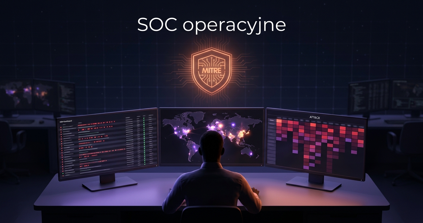 SOC operacyjne — analityk przy biurku z trzema monitorami pełnymi alertów SIEM, mapą ataków i panelem MITRE ATT&CK