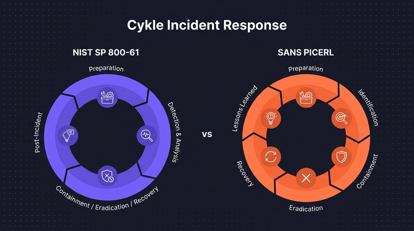 Cykle Incident Response — porównanie NIST 4 fazy (Preparation, Detection & Analysis, Containment-Eradication-Recovery, Post-Incident) i SANS PICERL 6 faz (Preparation, Identification, Containment, Eradication, Recovery, Lessons Learned)