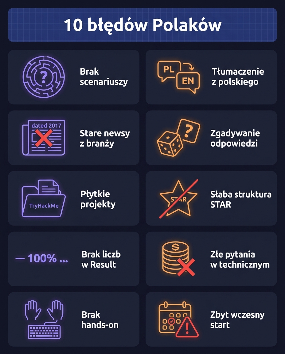 10 błędów polskich kandydatów na rozmowie SOC Analyst — siatka 5×2 z ikonami: brak scenariuszy, tłumaczenie na polski, brak update z branży, zgadywanie, płytkie projekty, słabe STAR, brak liczb, niewłaściwe pytania, brak praktyki, zbyt wczesny booking