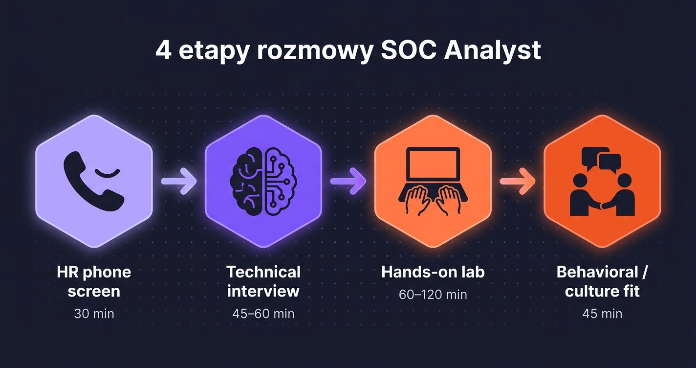4 etapy rozmowy SOC Analyst — timeline z ikonami: telefon HR, technical interview, hands-on lab, behavioral culture fit