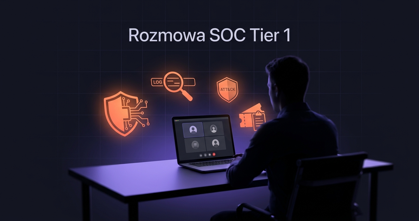 Rozmowa SOC Analyst po angielsku — kandydat na video-callu z dwoma rozmówcami i ikonami SIEM, MITRE ATT&CK, ticket system