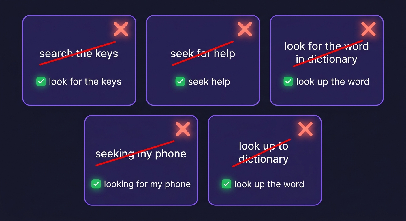 Pięć najczęstszych błędów Polaków przy look for / search / seek / look up — kafelki z czerwonymi przekreśleniami i zielonymi poprawkami