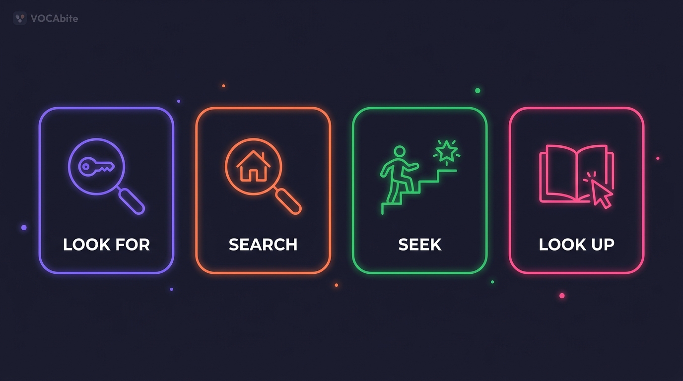 Szukać po angielsku — 4 ikony: lupa nad rzeczą (look for), lupa nad domem (search), sylwetka idąca do celu (seek), otwarty słownik (look up)