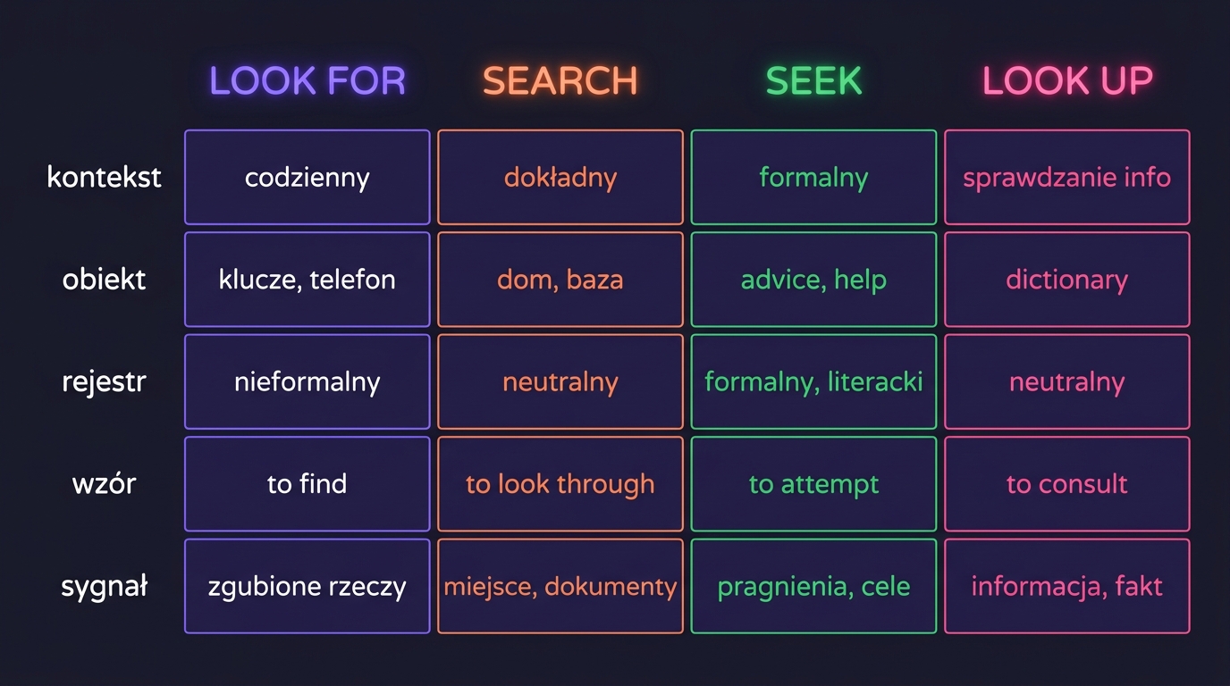 Tabela porównawcza Look for / Search / Seek / Look up — pięć wymiarów: kontekst, obiekt, rejestr, wzór, sygnał