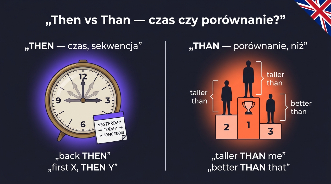 Then vs Than po angielsku — zegar z 3 wskazówkami (THEN = czas, sekwencja) vs podium rankingu zwycięzców (THAN = porównanie, stopień wyższy)