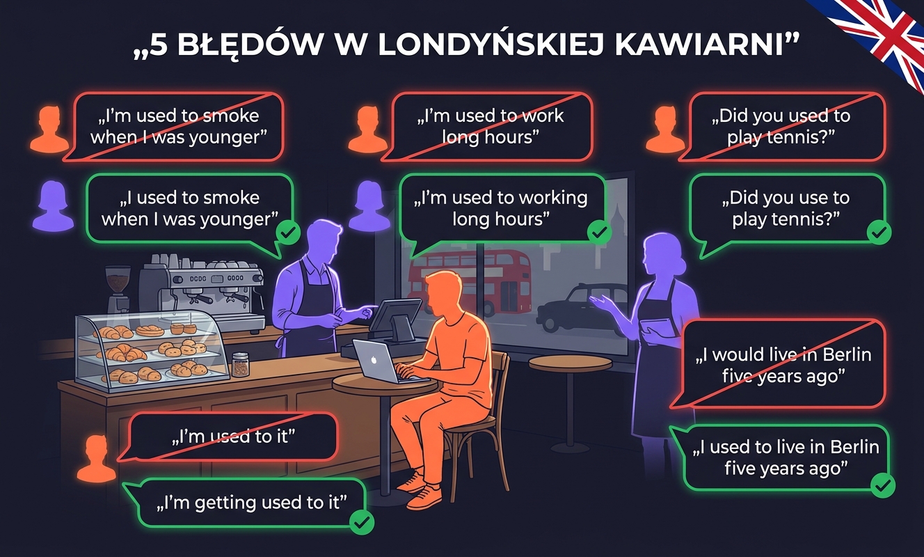 Pięć najczęstszych błędów Polaków przy used to / be used to / get used to — kafelki z czerwonymi przekreśleniami i zielonymi poprawkami