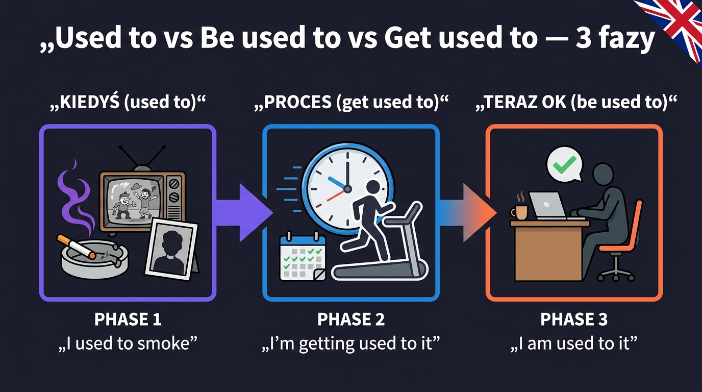 Used to vs Be used to vs Get used to — oś czasu z 3 fazami: kiedyś (used to), teraz przyzwyczajony (be used to), proces przyzwyczajania (get used to)