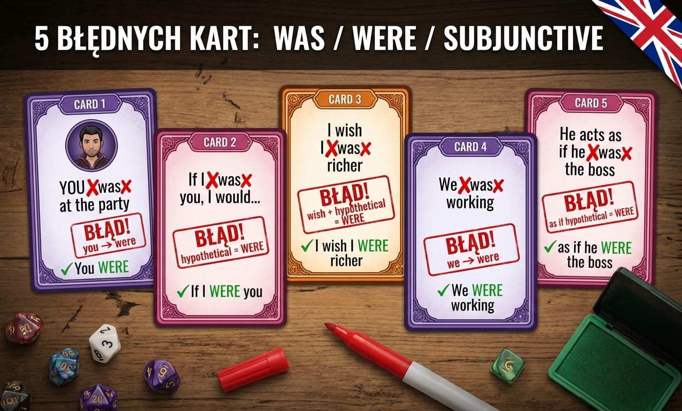 5 błędnych kart RPG na drewnianym stole z czerwoną kredką i kostkami do gry: CARD 1 YOU ✗was✗ at the party → BŁĄD! you → were → ✓ You WERE; CARD 2 If I ✗was✗ you, I would... → BŁĄD! hypothetical = WERE → ✓ If I WERE you; CARD 3 I wish I ✗was✗ richer → BŁĄD! wish + hypothetical = WERE → ✓ I wish I WERE richer; CARD 4 We ✗was✗ working → BŁĄD! we → were → ✓ We WERE working; CARD 5 He acts as if he ✗was✗ the boss → BŁĄD! as if hypothetical = WERE → ✓ as if he WERE the boss