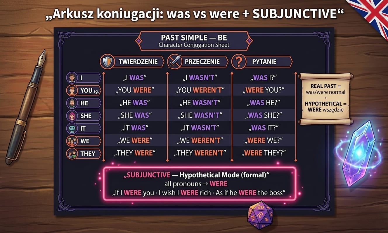 Arkusz koniugacji PAST SIMPLE BE w stylu karty postaci RPG na drewnianym biurku: 3 kolumny TWIERDZENIE / PRZECZENIE / PYTANIE × 7 wierszy zaimków (I was/wasn't/Was I?, You were/weren't/Were you?, He was/wasn't/Was he?, She was/wasn't/Was she?, It was/wasn't/Was it?, We were/weren't/Were we?, They were/weren't/Were they?). Dolna sekcja w różowej ramie SUBJUNCTIVE — Hypothetical Mode (formal): all pronouns → WERE z przykładami If I WERE you · I wish I WERE rich · As if he WERE the boss. Boczna notka REAL PAST = was/were normal, HYPOTHETICAL = WERE wszędzie. Wokół: pióro, kryształ, kostka do gry d20