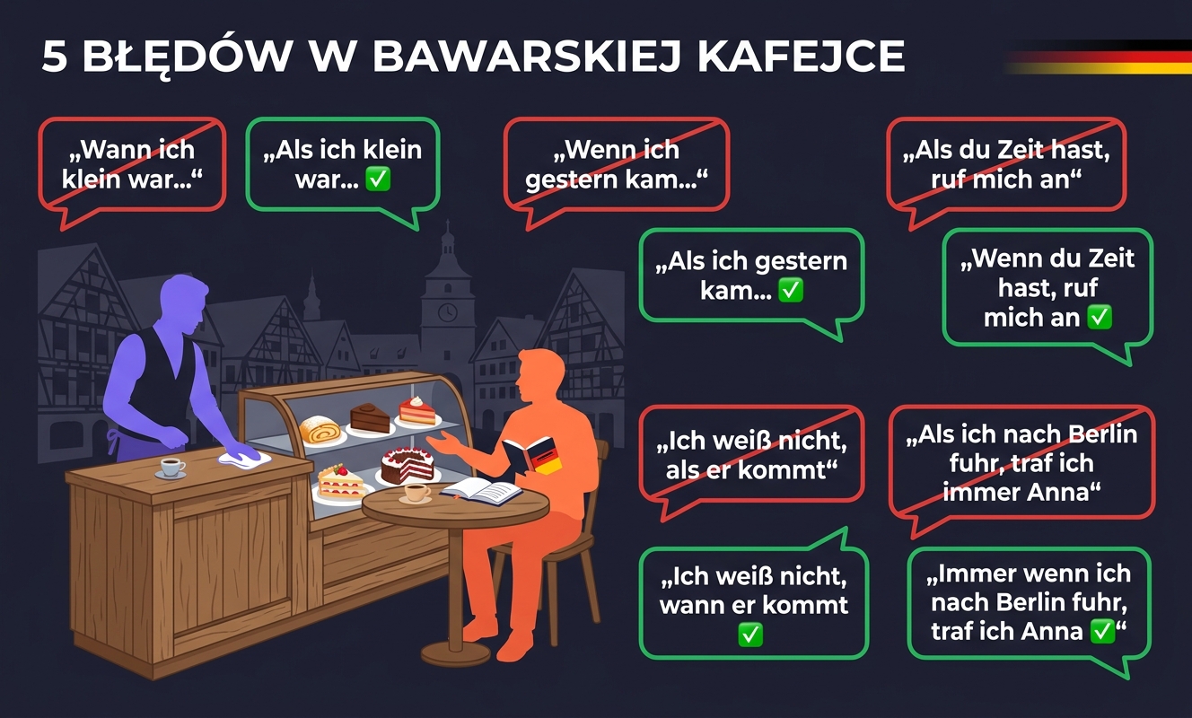 Pięć najczęstszych błędów Polaków przy WENN / WANN / ALS — kafelki z czerwonymi przekreśleniami i zielonymi poprawkami