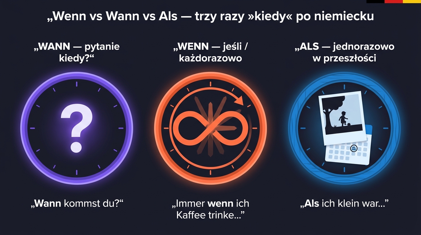Wenn vs Wann vs Als po niemiecku — trzy zegary: Wann (znak zapytania = pytanie), Wenn (pętla = powtarzające się), Als (migawka jednorazowa w przeszłości)
