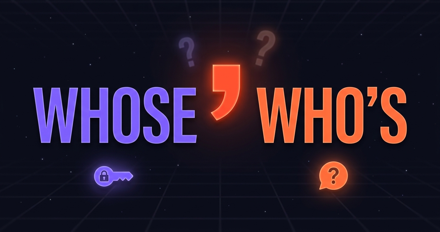 Whose vs Who's — duże litery WHOSE i WHO'S obok siebie z dużym apostrofem oddzielającym je, w tle dwa pytajniki w fioletowym i pomarańczowym świetle