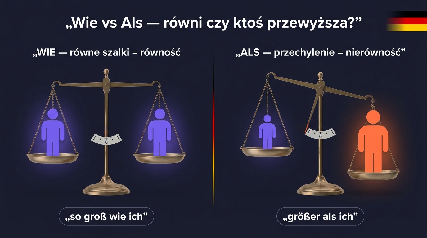 Wie vs Als po niemiecku — waga z dwoma stronami: Wie (równe szalki = równość) vs Als (jedna szalka cięższa = nierówność, stopień wyższy)