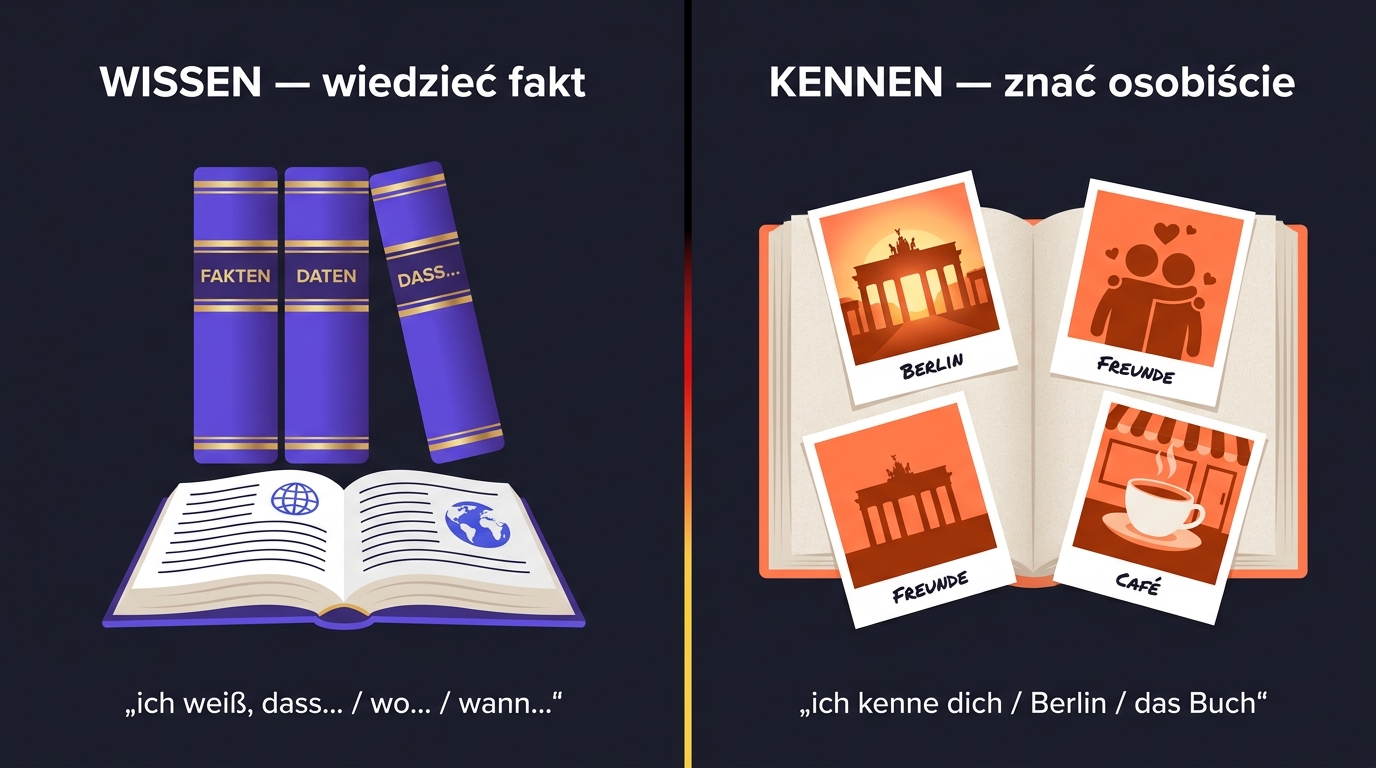 Wissen vs Kennen po niemiecku — biblioteka encyklopedii (fakty) vs album rodzinny (osobista znajomość)