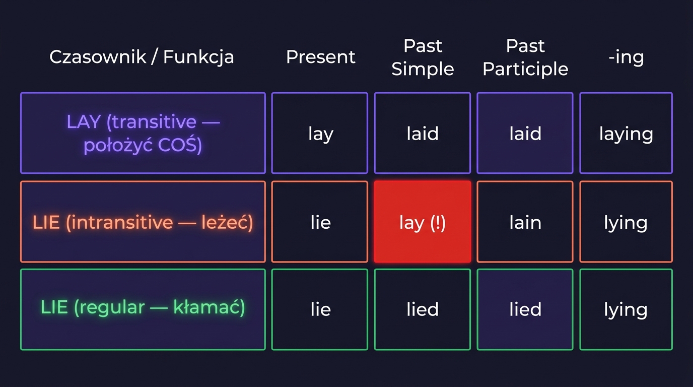 Tabela 3 czasowników: LAY (transitive — położyć), LIE (intransitive — leżeć), LIE (regular — kłamać) z 3 formami każdy