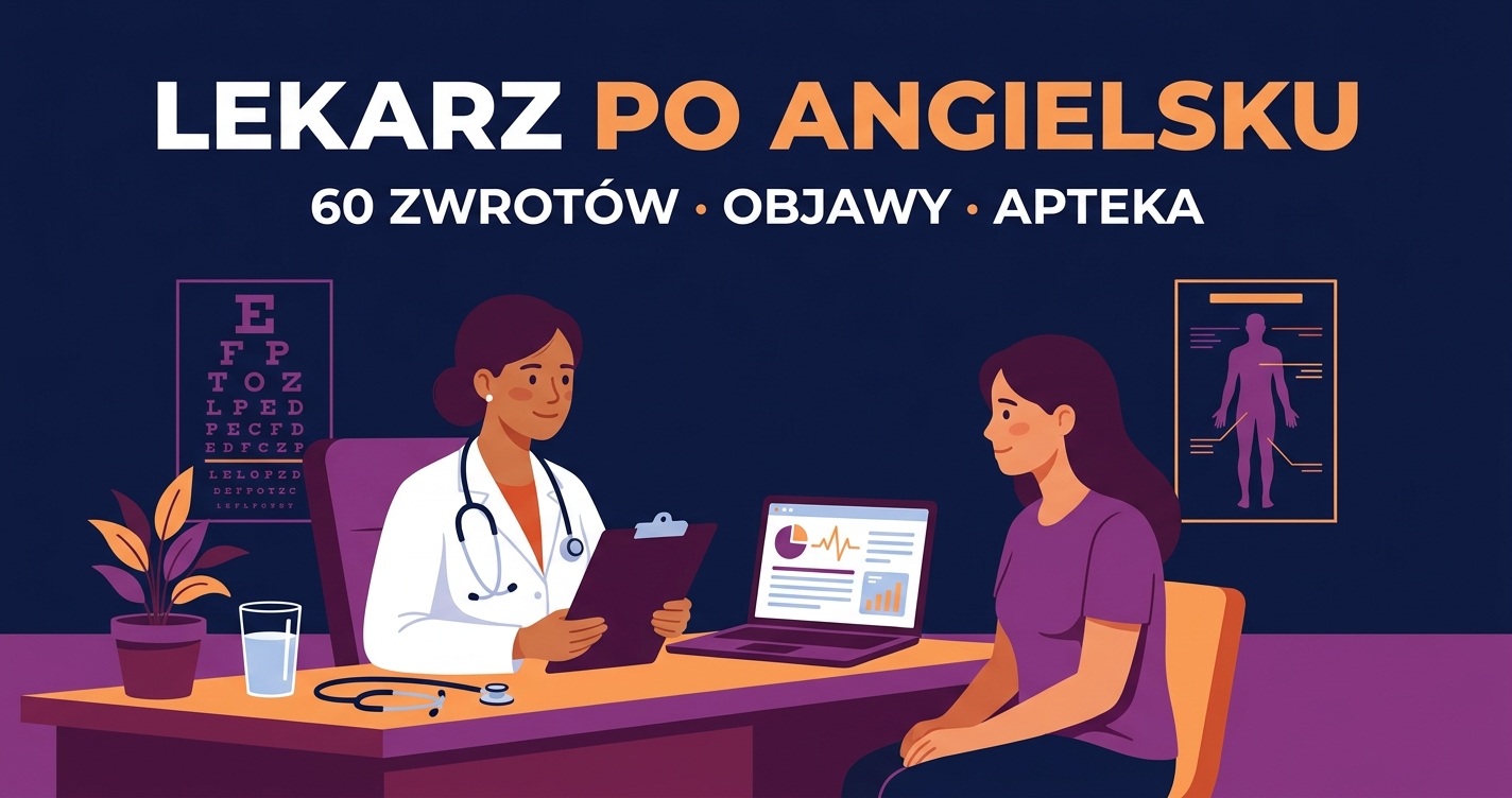 Lekarz po angielsku — gabinet lekarski, lekarka w fartuchu z stetoskopem rozmawia z pacjentką, eye chart i sylwetka anatomiczna w tle