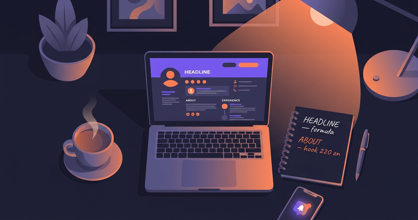 LinkedIn po angielsku — laptop z profilem zawodowym, kawa, notatnik z formułami Headline i About