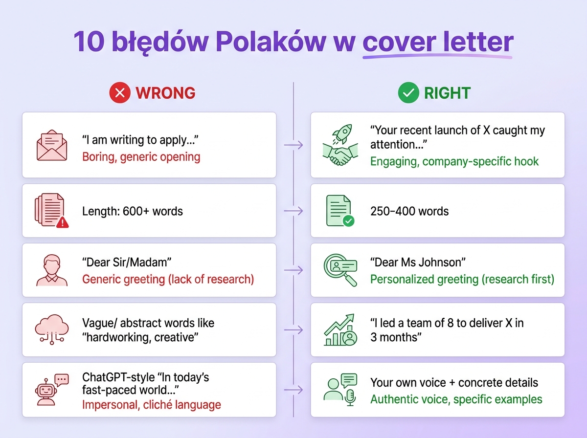 10 błędów Polaków w cover letter — I am writing to apply, za długo, Dear Sir/Madam, ogólniki, ChatGPT-style