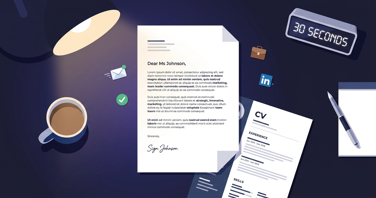 Cover letter na biurku rekrutera — stoper 30 sekund symbolizujący czas skanowania listu motywacyjnego