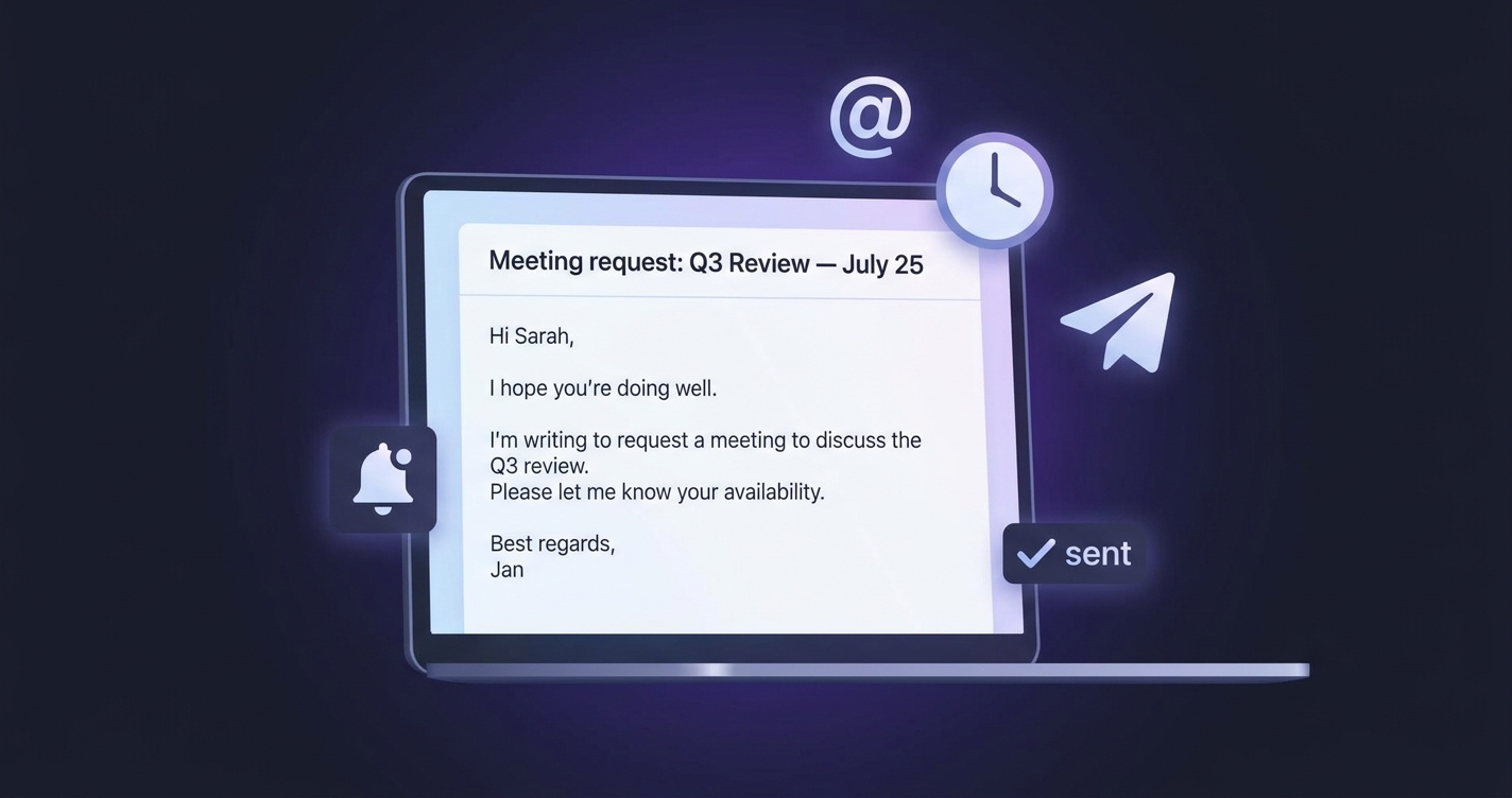 Mail po angielsku — laptop z oknem maila, subject line, greeting, signature