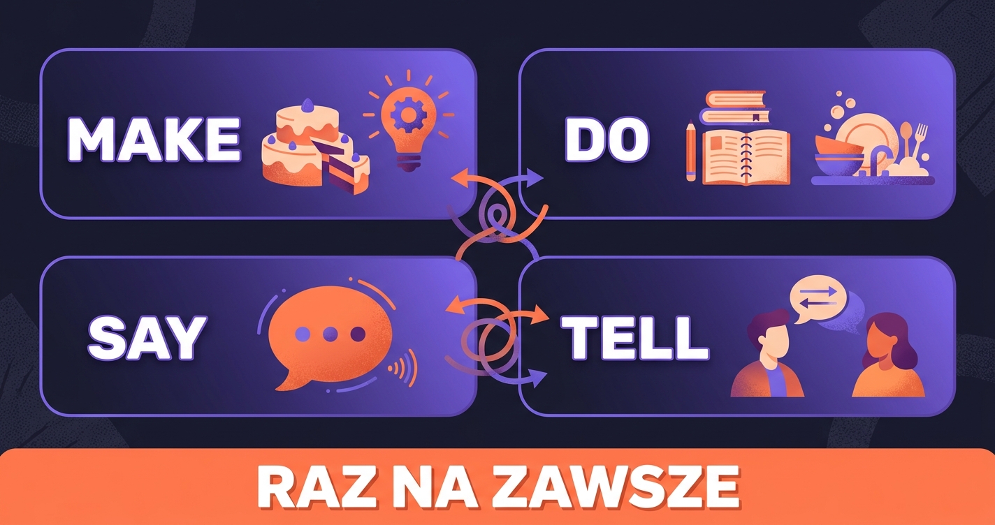 Make vs do, say vs tell — 4 słowa MAKE/DO/SAY/TELL z ikonami i mylącymi strzałkami