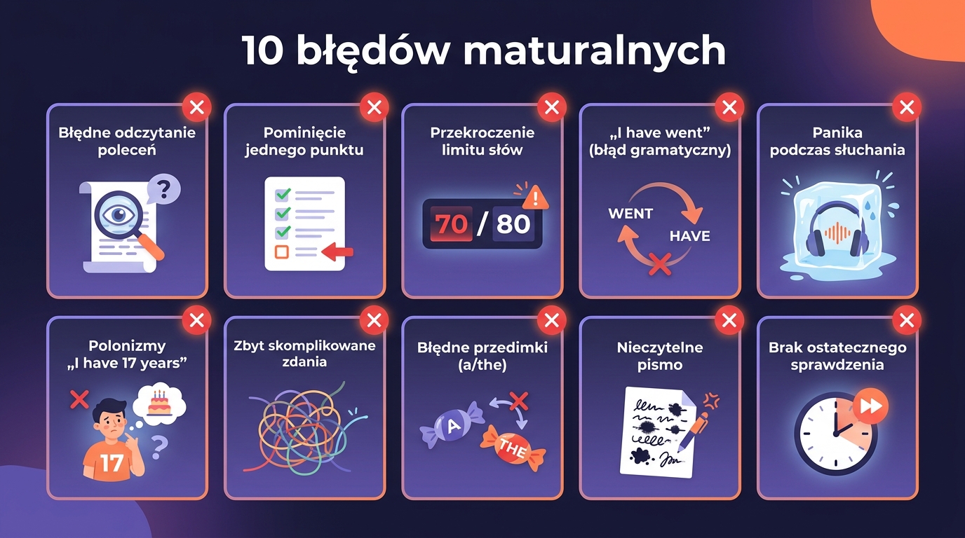 10 błędów maturalnych z angielskiego — plakat: niedoczytanie polecenia, pominięcie kropki, limit słów, have went, polonizmy, panika listening