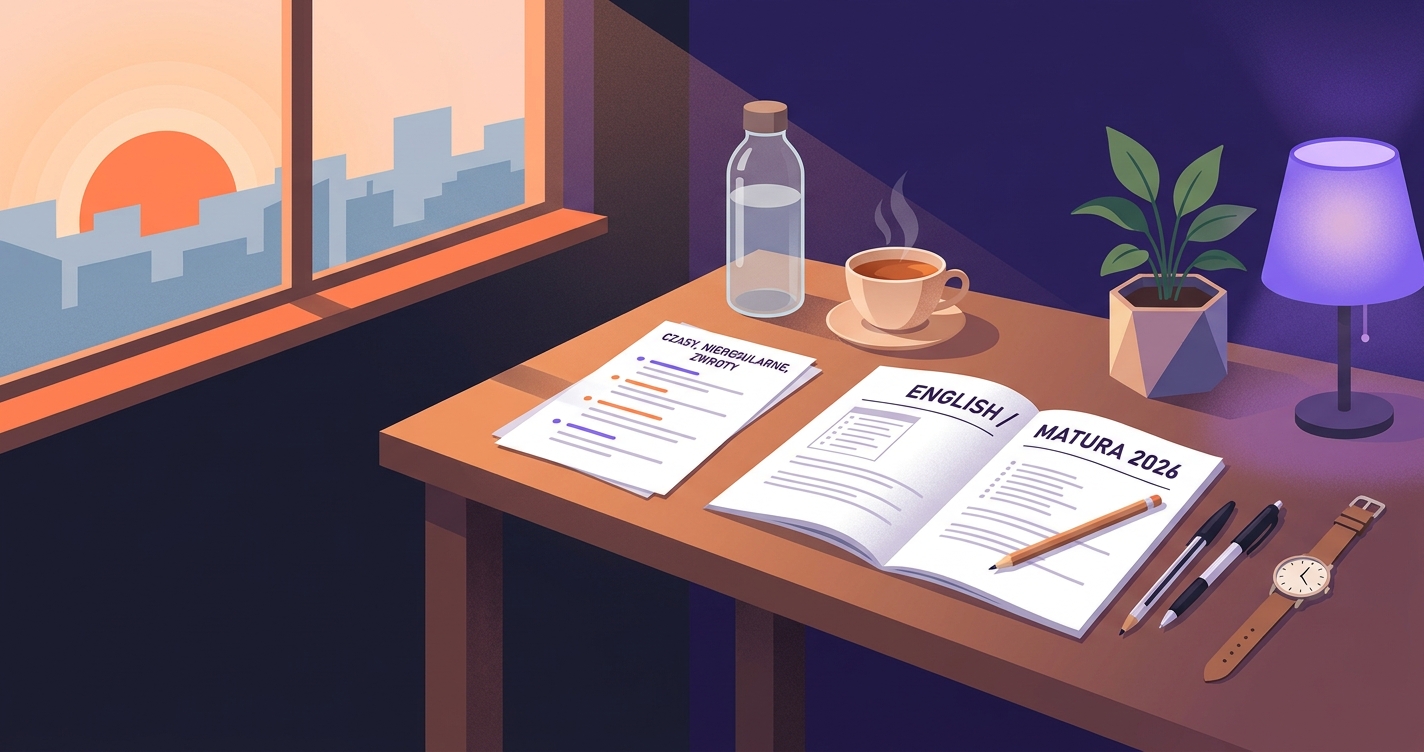 Matura z angielskiego 2026 — biurko maturalne z arkuszem, zegarkiem, długopisami, notatkami gramatyki i herbatą