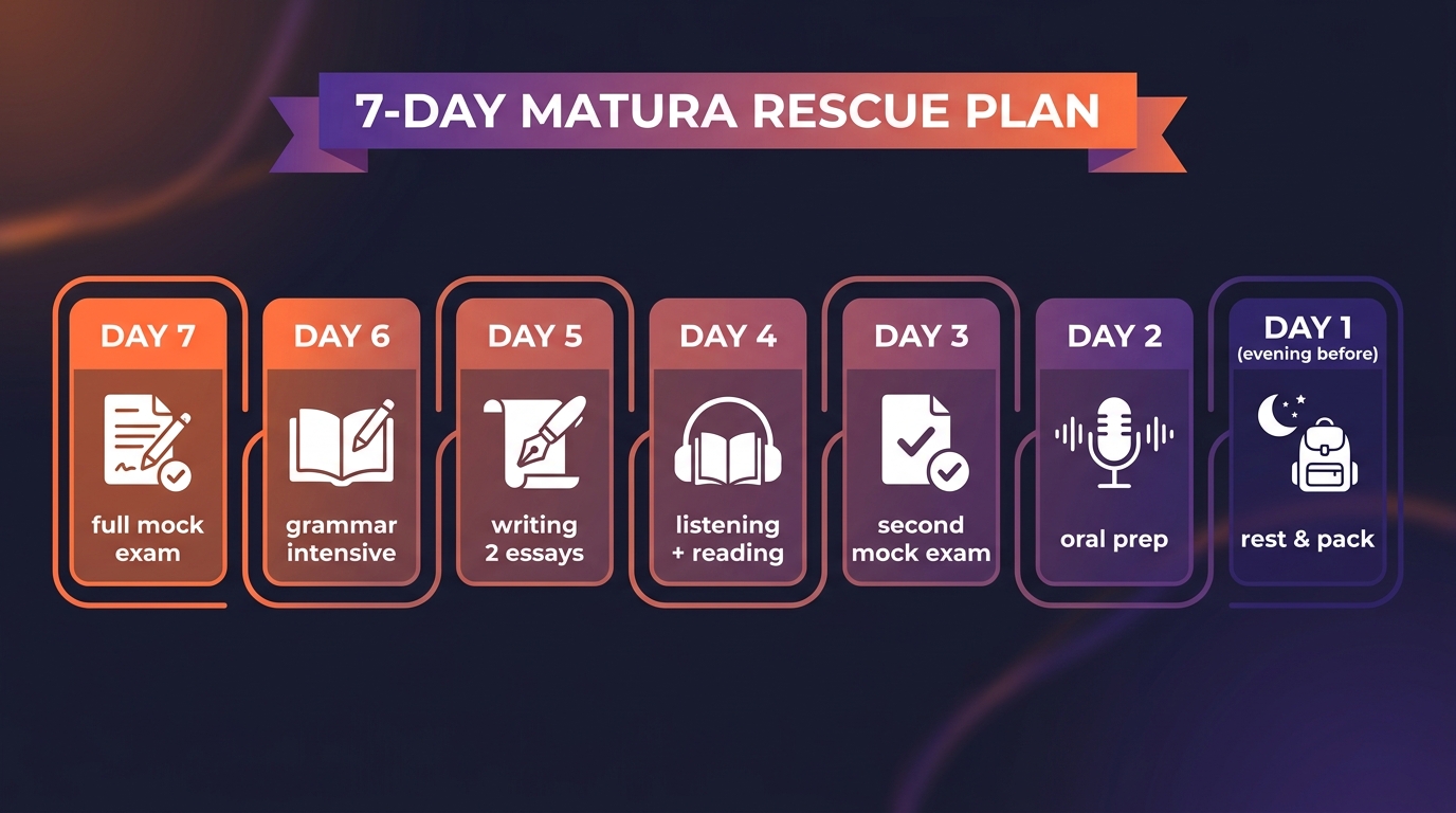 Plan 7 dni do matury: dzień 7 arkusz, 6 gramatyka, 5 writing, 4 listening+reading, 3 drugi arkusz, 2 ustny, 1 odpoczynek