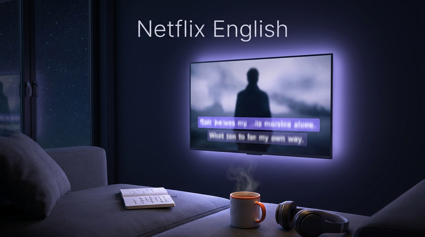 Jak oglądać Netflix do nauki angielskiego — telewizor z double subs (angielskie + polskie napisy), notatnik z nowymi słowami, kanapa i kubek herbaty