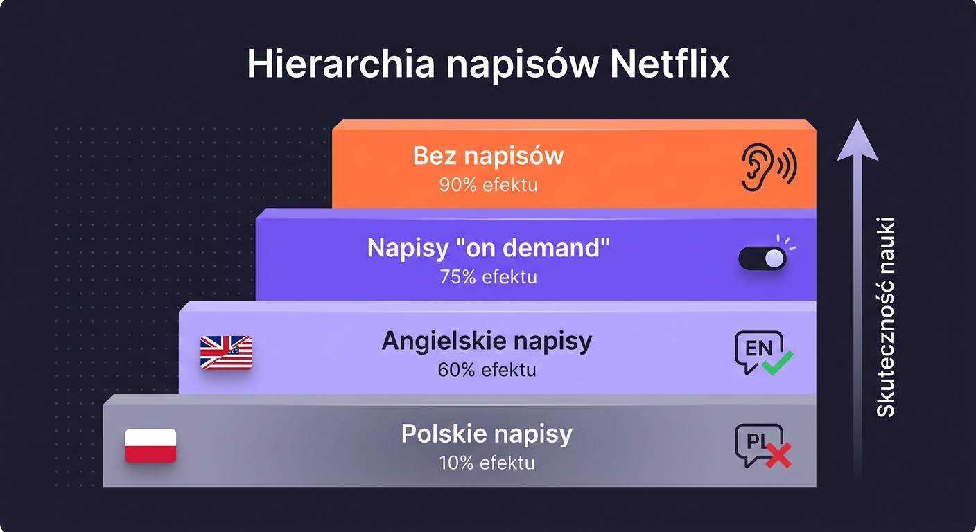 Hierarchia napisów Netflix — 4 poziomy efektywności: polskie 10%, angielskie 60%, on-demand 75%, bez napisów 90%