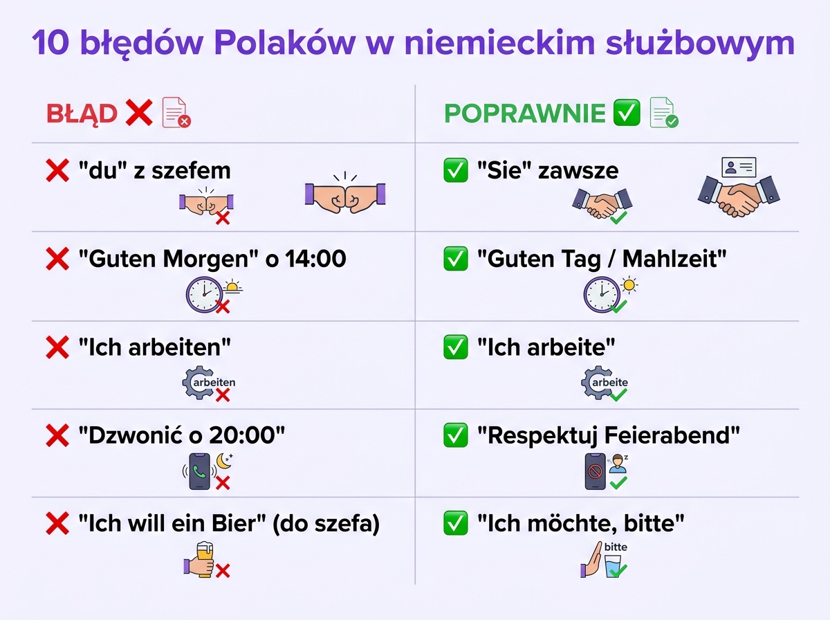 10 błędów Polaków w niemieckim służbowym — du zamiast Sie, Guten Morgen o 14, Ich arbeiten, dzwonienie w Feierabend