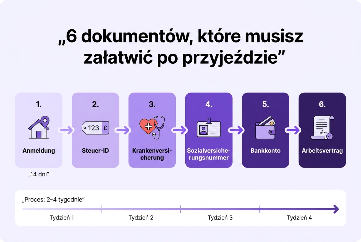6 dokumentów po przyjeździe do Niemiec — Anmeldung, Steuer-ID, Krankenversicherung, Sozialversicherungsnummer, Bankkonto, Arbeitsvertrag