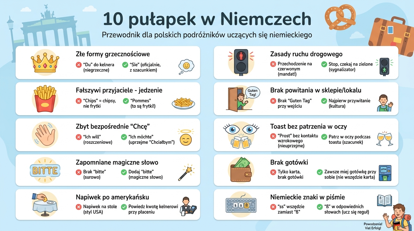 10 pułapek Polaków w Niemczech — plakat: Du do kelnera, Chips vs Pommes, Ich will vs Ich möchte, brak bitte, napiwek, czerwone światło, Prost