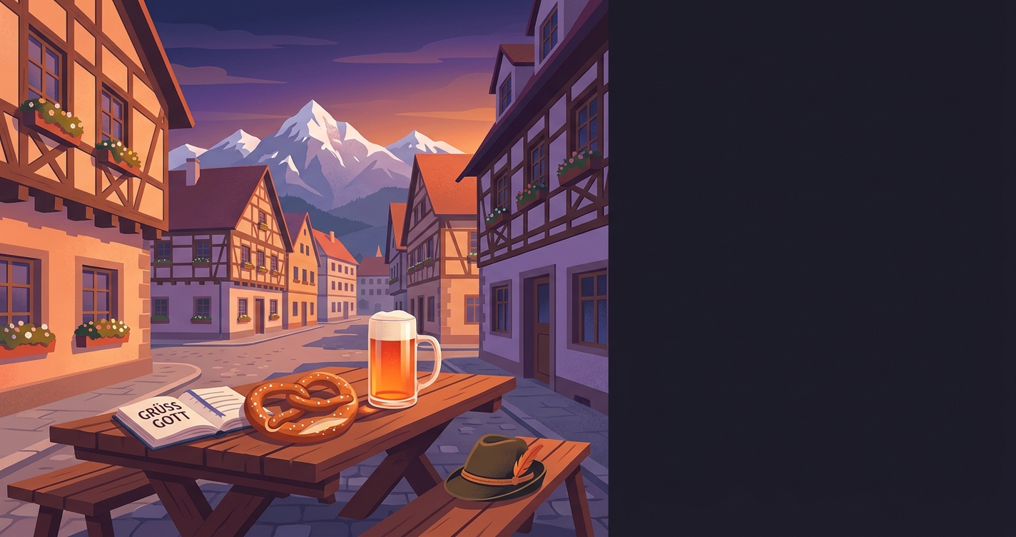 Niemiecki na wakacje — bawarska ulica z precelem, piwem, rozmówkami Grüß Gott i Alpami w tle