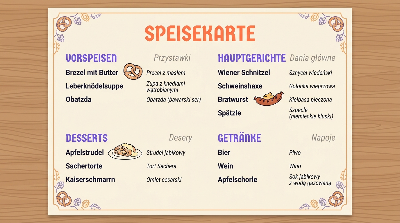 Anatomia niemieckiego menu (Speisekarte) — Vorspeisen, Hauptgerichte, Desserts, Getränke z przykładami dań