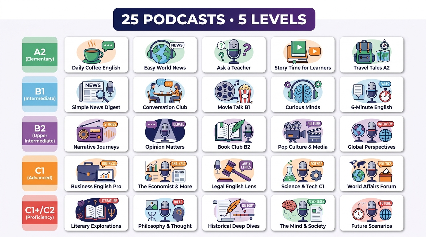 25 podcastów do nauki angielskiego w 5 poziomach CEFR: A2, B1, B2, C1, C1+/C2