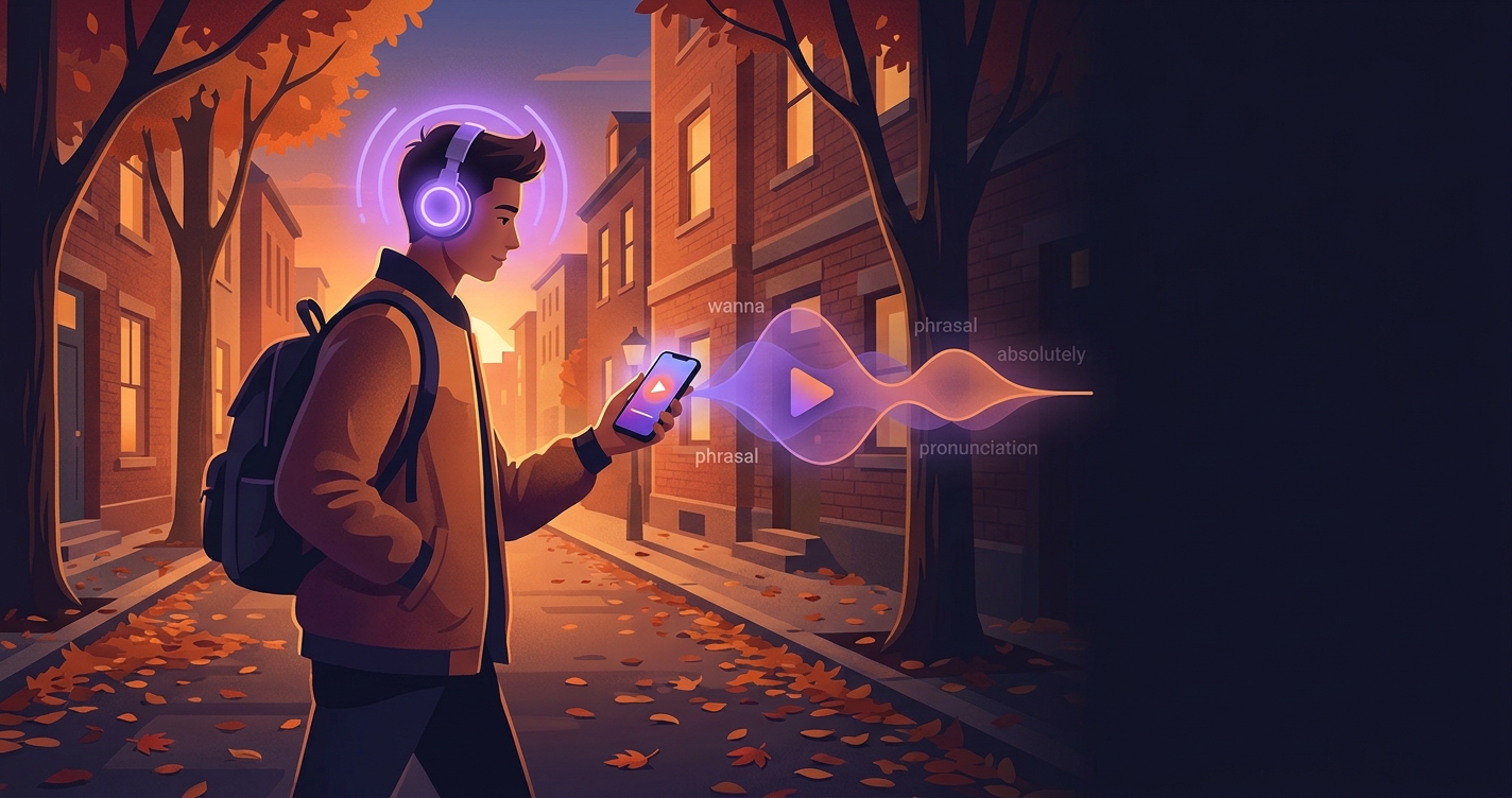 Podcasty do nauki angielskiego — osoba na spacerze ze słuchawkami i telefonem z falą dźwiękową