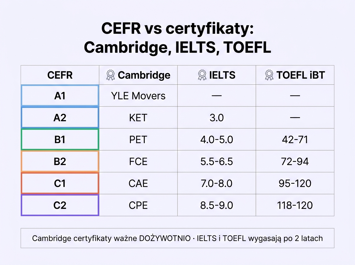 Mapowanie certyfikatów Cambridge, IELTS i TOEFL na poziomy CEFR od A1 do C2