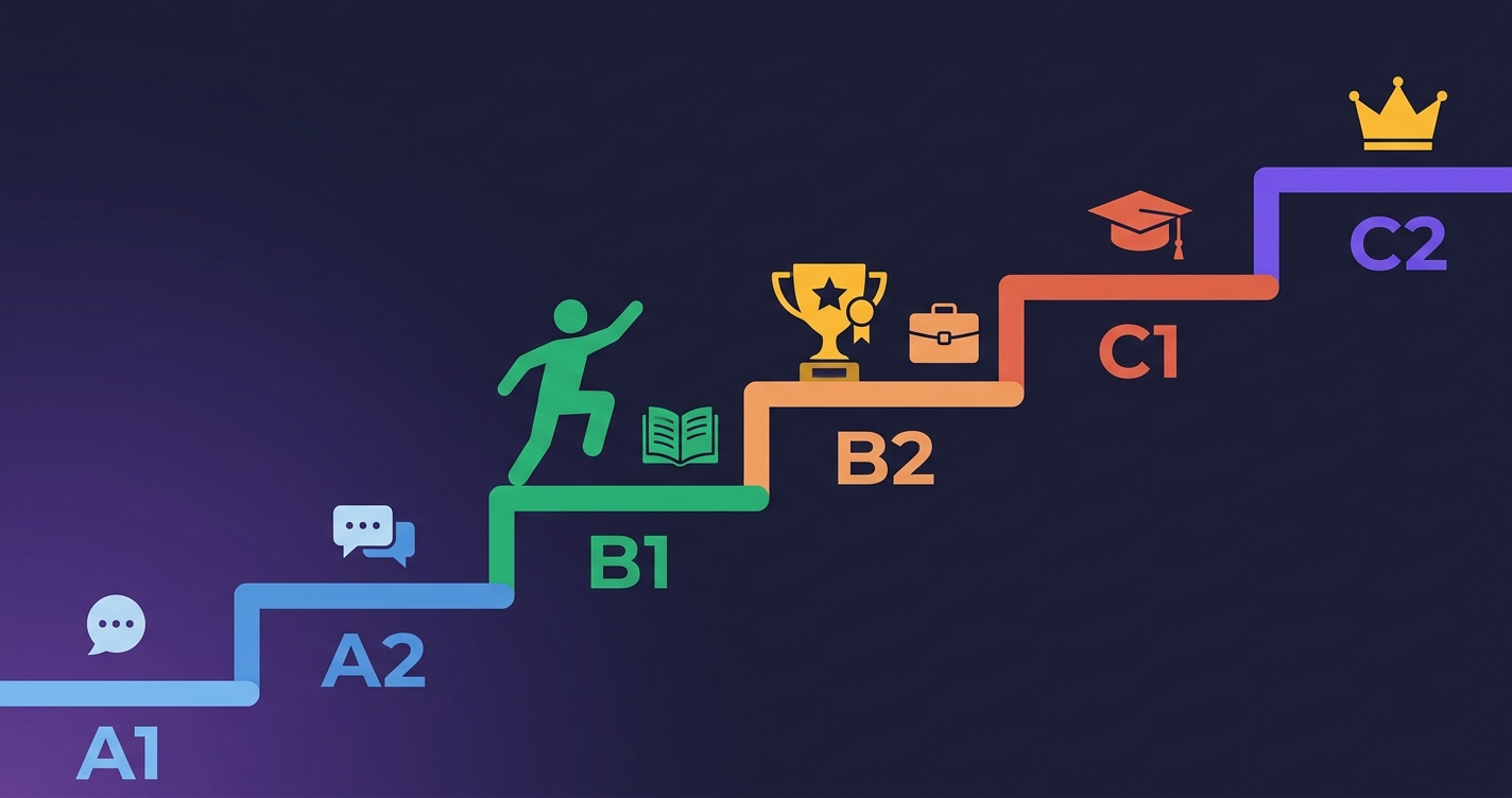 6 schodków CEFR od A1 do C2 — poziomy znajomości języka angielskiego z postacią wspinającą się