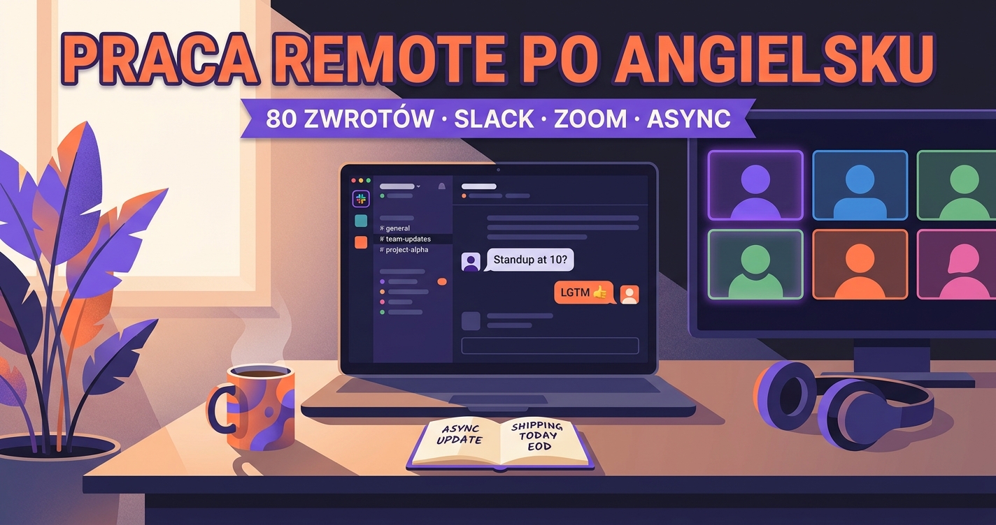 Praca remote po angielsku — domowe biuro z laptopem, Slack na ekranie, Zoom call, kawa i słuchawki