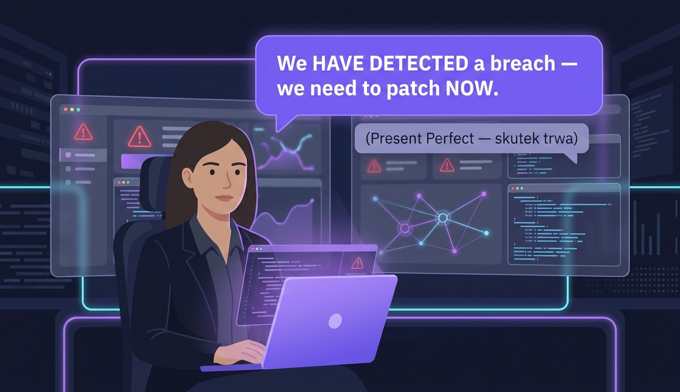 SOC analyst przy monitorach — Present Perfect w raportach incident response: We have detected a breach