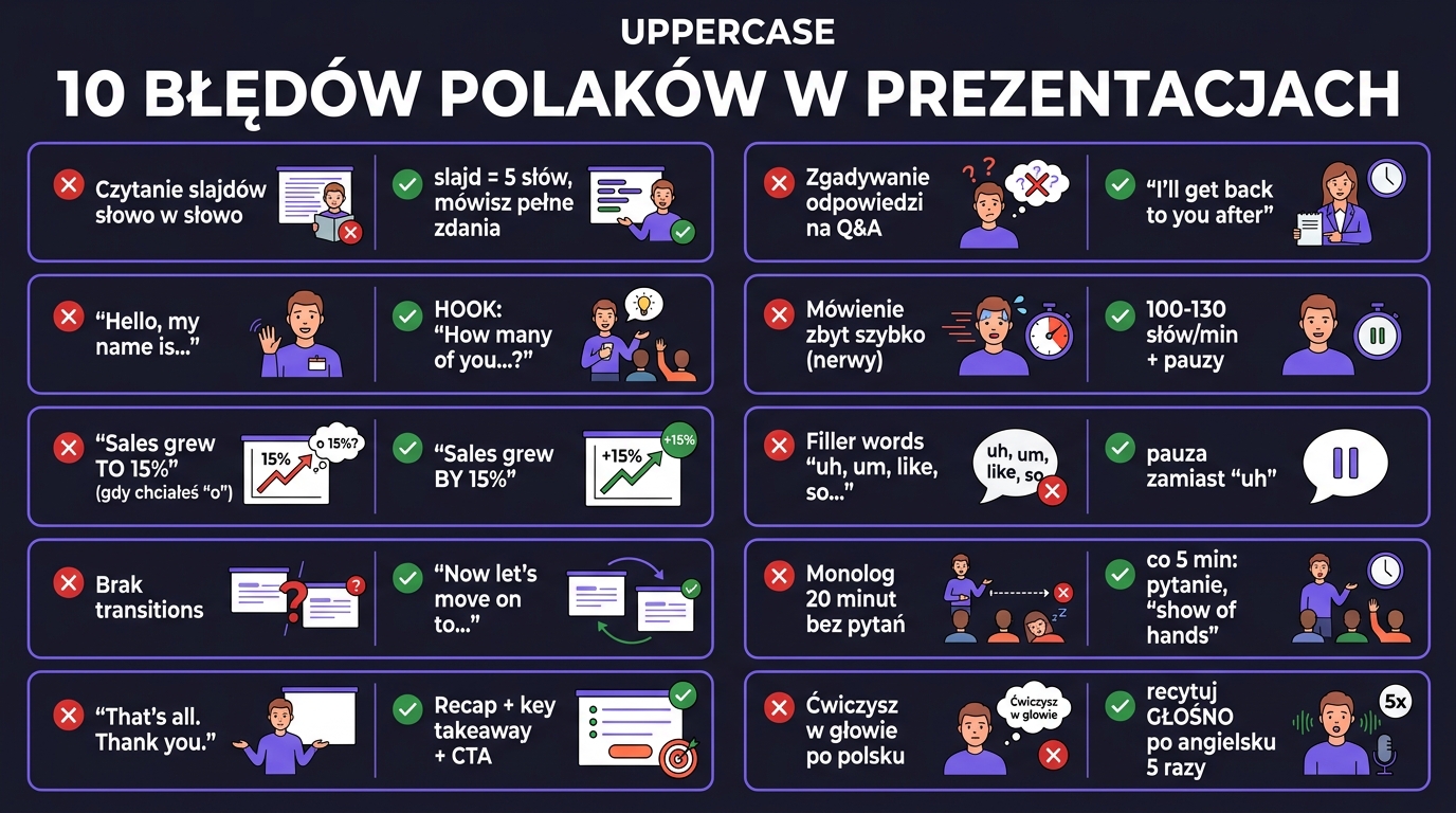 10 błędów Polaków w prezentacjach — plakat z parami błąd/poprawa: czytanie slajdów, Hello my name is, BY vs TO 15%, brak transitions, That's all Thank you, zgadywanie Q&A, filler words, monolog